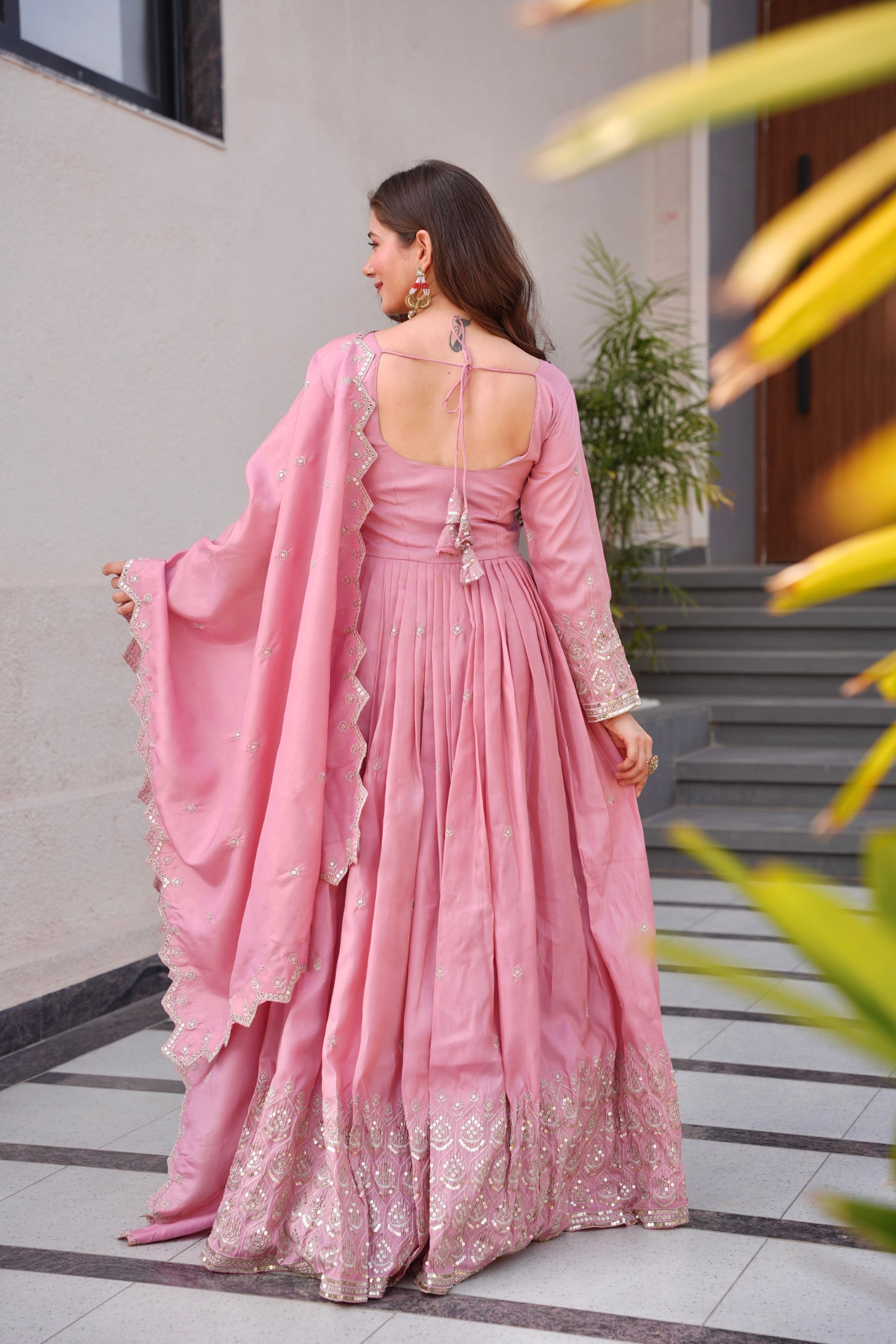 Lorenvalley Fashion Pink Shimmer Silk with Embroidery Sequins Work Anarkali Gown with Dupatta - Distacart