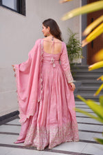 Thumbnail for Lorenvalley Fashion Pink Shimmer Silk with Embroidery Sequins Work Anarkali Gown with Dupatta - Distacart