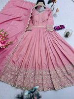 Thumbnail for Lorenvalley Fashion Pink Shimmer Silk with Embroidery Sequins Work Anarkali Gown with Dupatta - Distacart