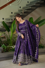 Thumbnail for Lorenvalley Fashion Purple Shimmer Silk with Embroidery Sequins Work Anarkali Gown with Dupatta - Distacart