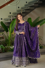 Thumbnail for Lorenvalley Fashion Purple Shimmer Silk with Embroidery Sequins Work Anarkali Gown with Dupatta - Distacart