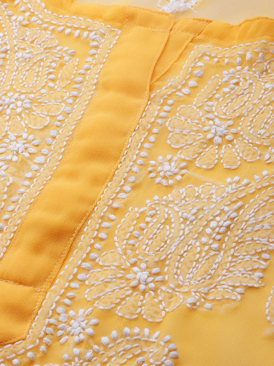 ADA Women Mustard & White Chikankari Embroidered Sustainable Kurta with Trousers & Inner - Distacart