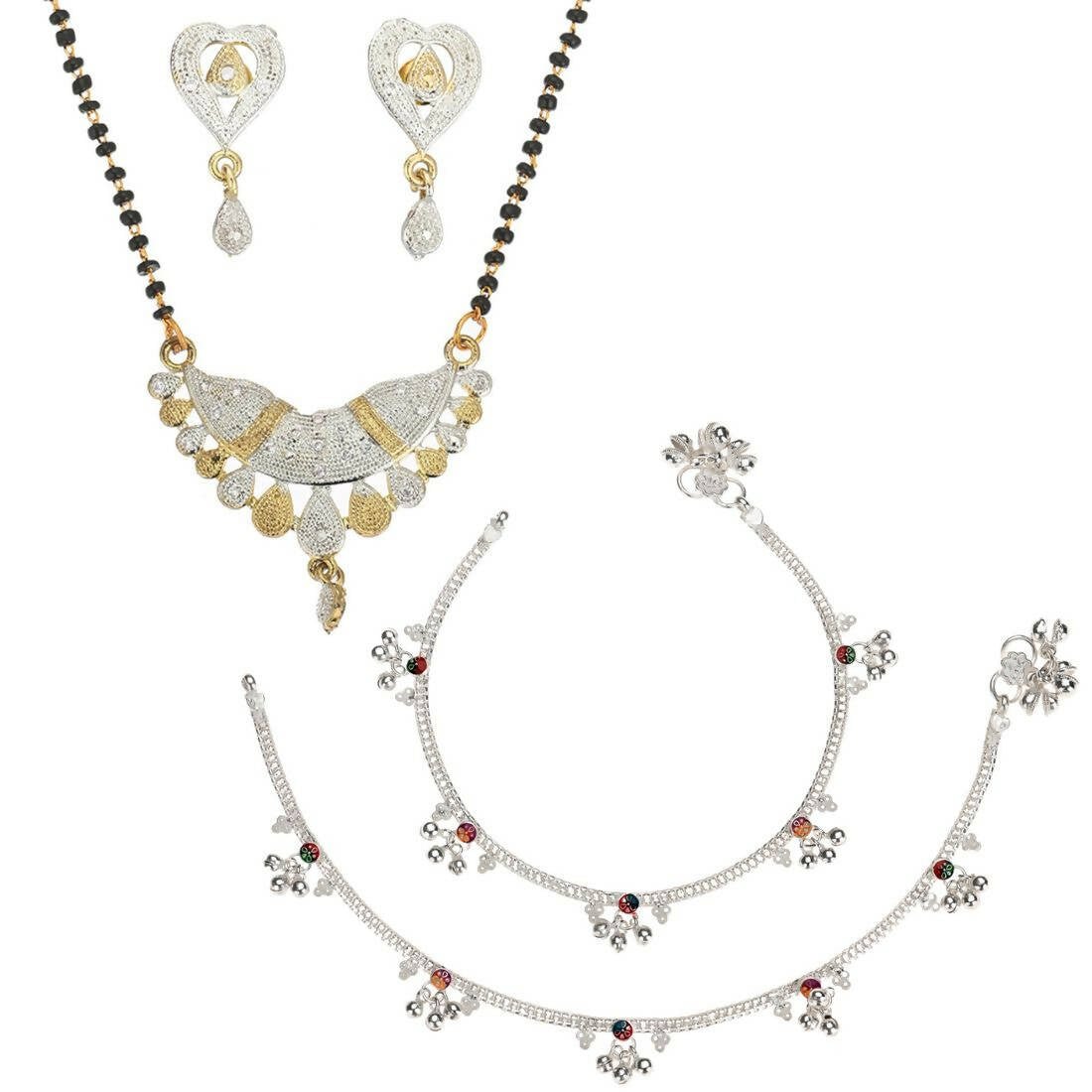 AanyaCentric Gold-plated Mangalsutra Pendant Earring Set & Silver Plated Anklet - Distacart