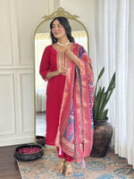 Thumbnail for The52 Rani Gorgeous Embroidered Chanderi Silk Fabric Straight Kurta Pant with Dupatta Set - Distacart