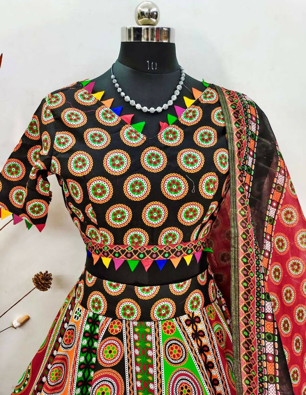 Preksha Creation Indian Navratri Special Cotton Women Lehenga Choli With print work and lucknowi print dupatta - Black - Distacart