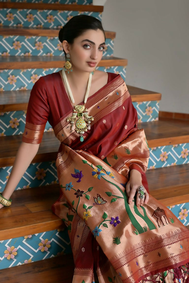 Vishnu Weaves Women's Maroon Paithani Silk Zari Woven Saree with Blouse