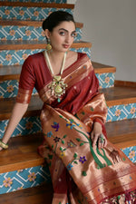 Thumbnail for Vishnu Weaves Women's Maroon Paithani Silk Zari Woven Saree with Blouse
