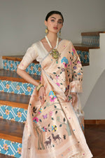 Thumbnail for Vishnu Weaves Women's Cream Paithani Silk Zari Woven Saree with Blouse