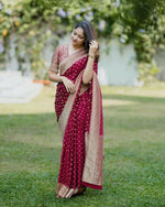 Thumbnail for Preksha Creation Banarasi Women Red Saree With Zari Work - Distacart