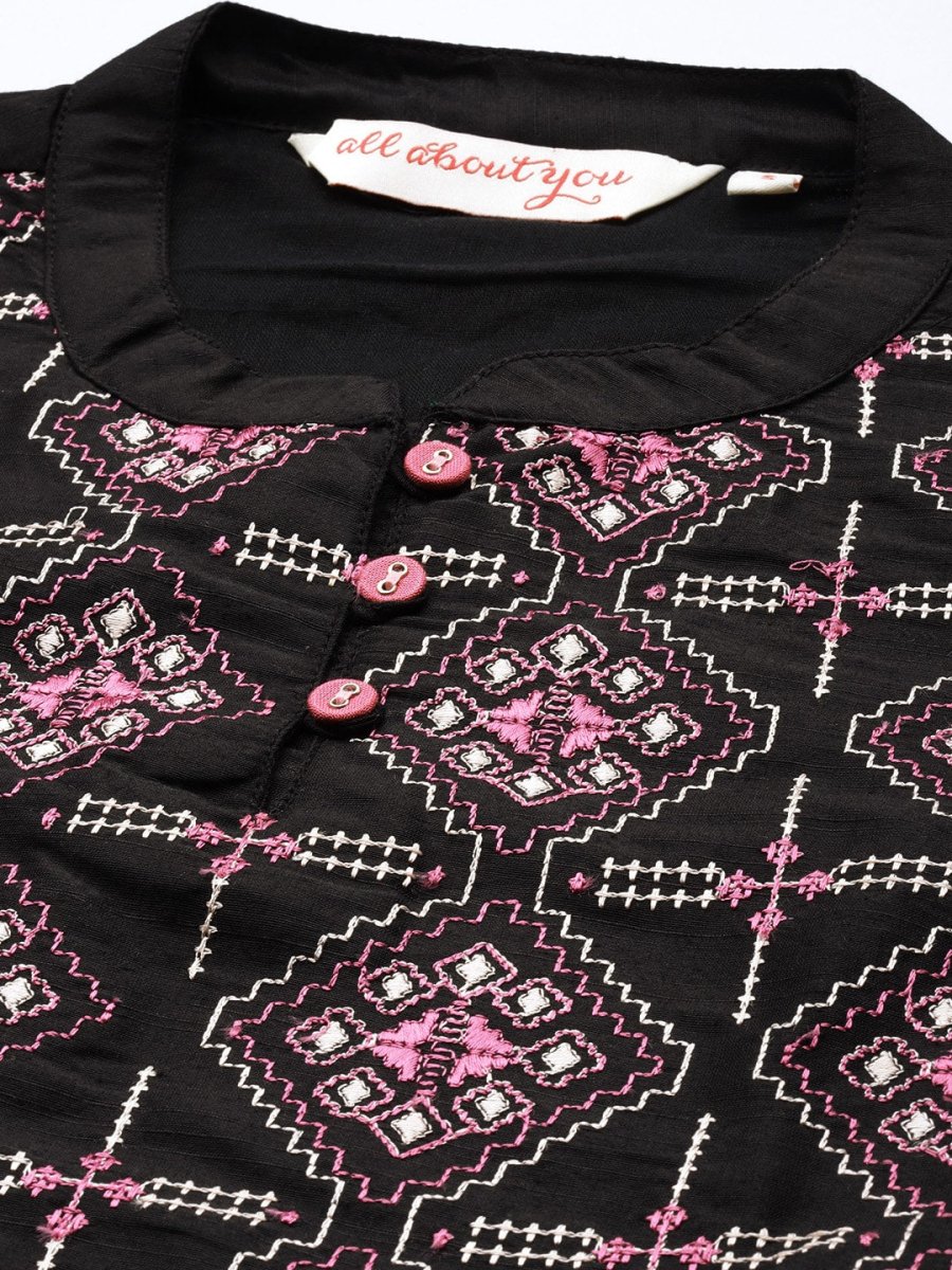 All About You Women Black Embroidered Kurta with Trousers - Distacart