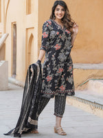 Thumbnail for Kalini Women Floral Embroidered Regular Thread Work Pure Cotton Kurta with Trousers & With Dupatta - Distacart