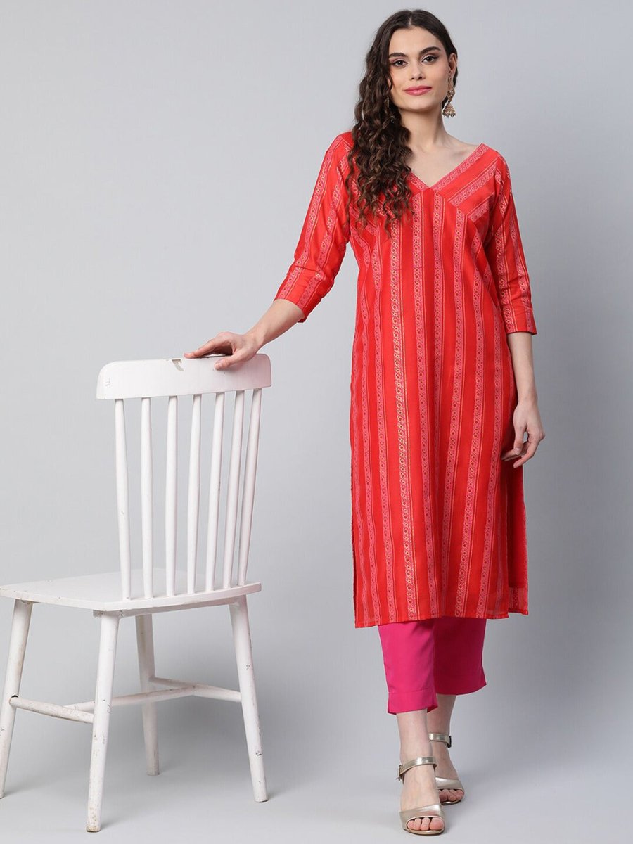 Ahalyaa Women Red Striped Kurta with Trousers - Distacart