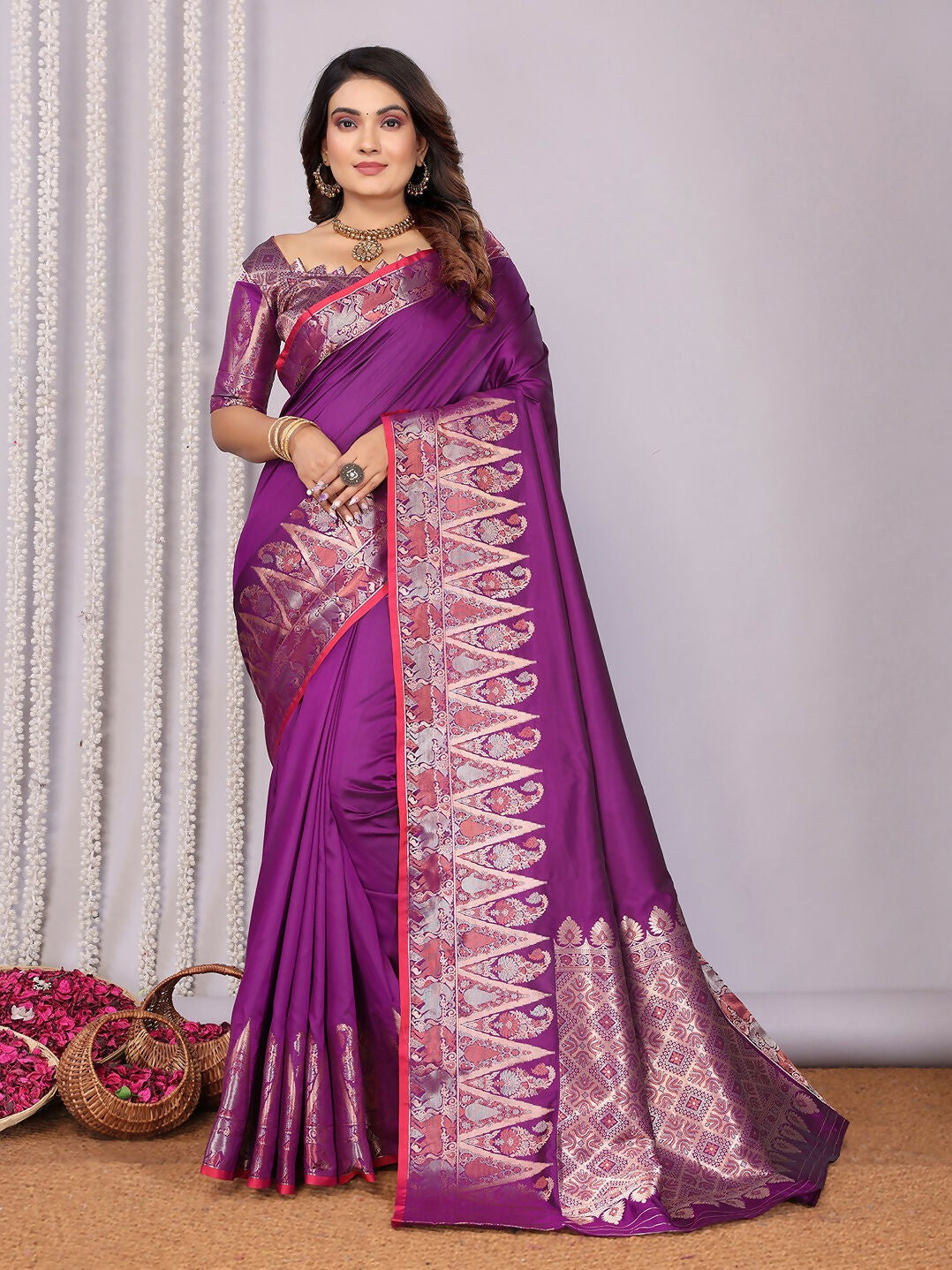 Joban Fashion Banarasi Purple Jacquard Woven Soft Silk Saree