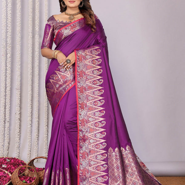 Joban Fashion Banarasi Purple Jacquard Woven Soft Silk Saree - Distacart
