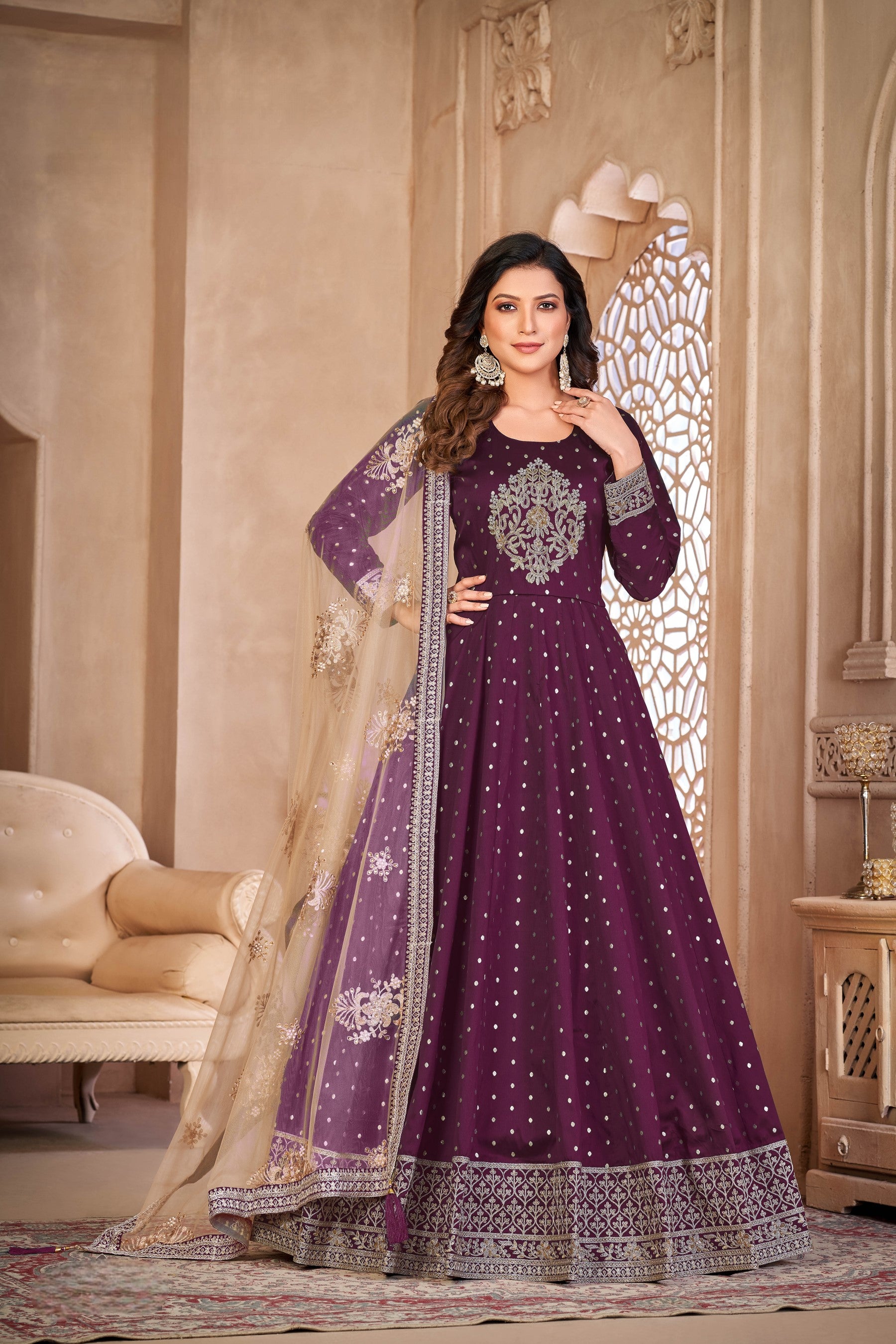 Anaita Purple Embroidered Tapeta Silk Anarkali Suit - Distacart