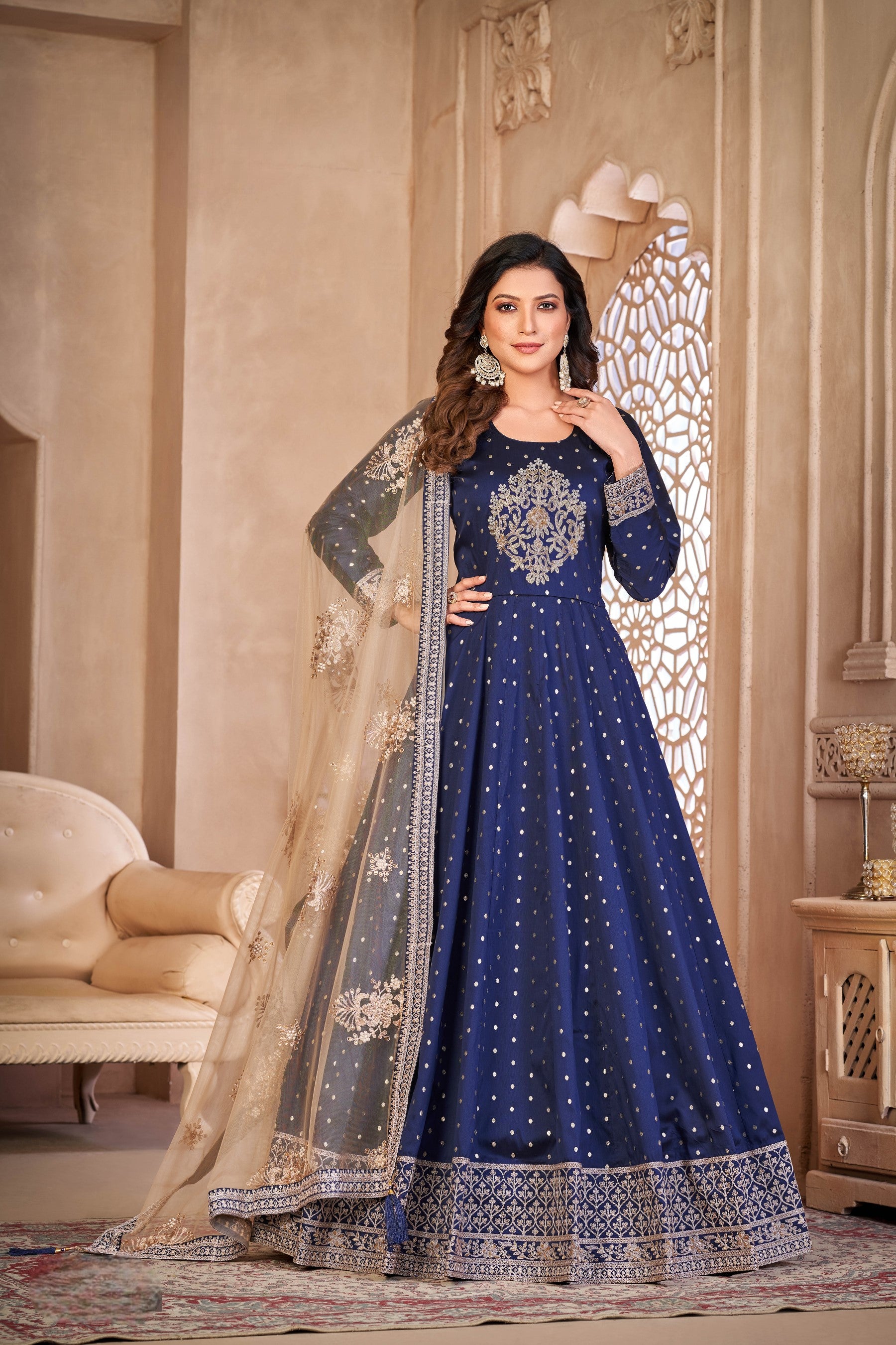 Anaita Navy Blue Embroidered Tapeta Silk Anarkali Suit - Distacart