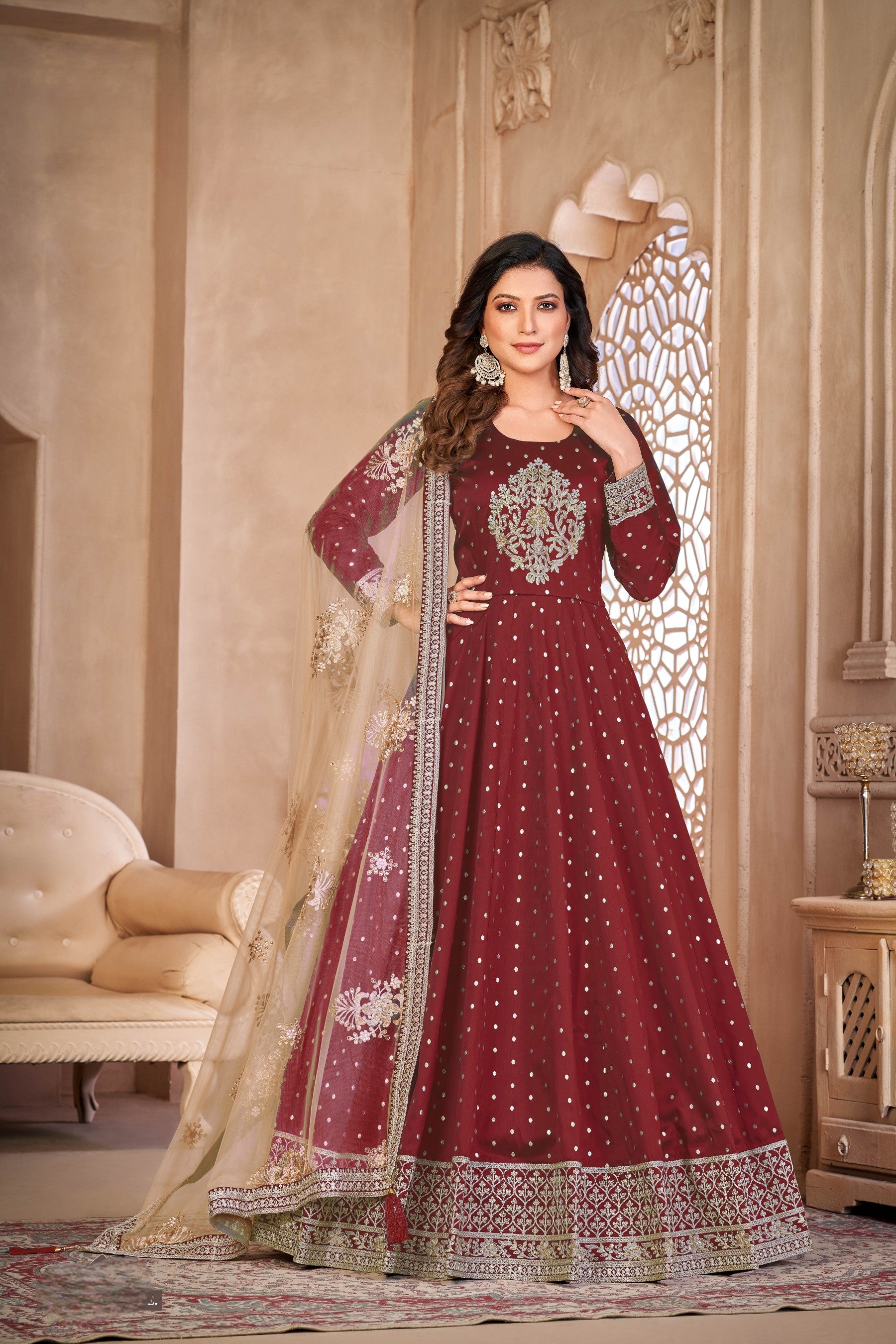 Anaita Maroon Embroidered Tapeta Silk Anarkali Suit - Distacart