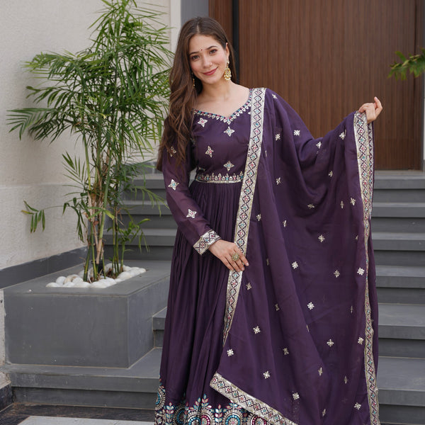 Lorenvalley Fashion Wine Diamond Silk with Embroidery Threads & Sequins Work Anarkali Gown with Dupatta - Distacart