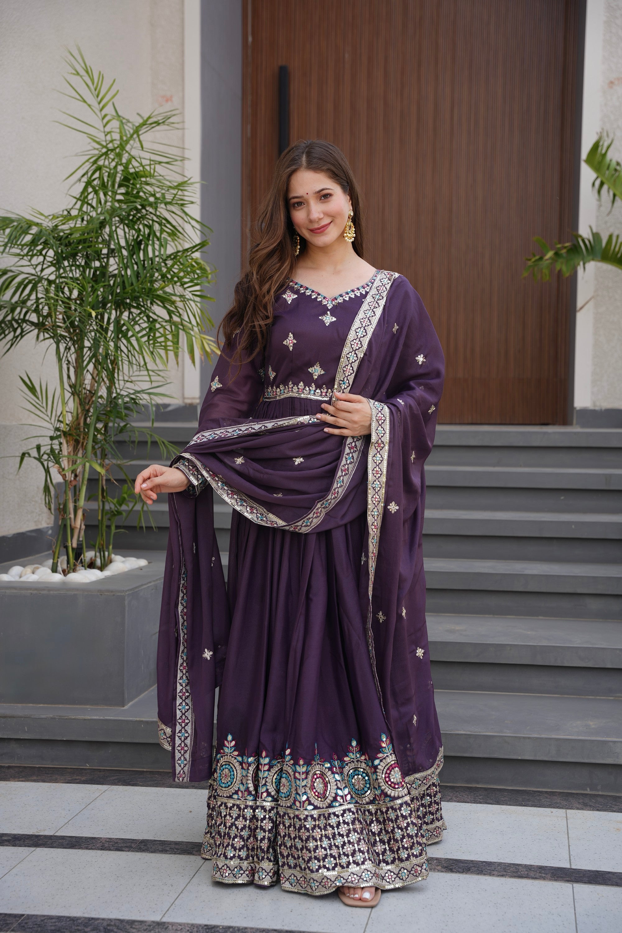 Lorenvalley Fashion Wine Diamond Silk with Embroidery Threads & Sequins Work Anarkali Gown with Dupatta - Distacart