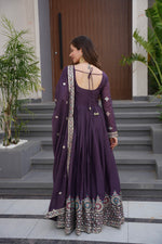 Thumbnail for Lorenvalley Fashion Wine Diamond Silk with Embroidery Threads & Sequins Work Anarkali Gown with Dupatta - Distacart