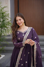 Thumbnail for Lorenvalley Fashion Wine Diamond Silk with Embroidery Threads & Sequins Work Anarkali Gown with Dupatta - Distacart