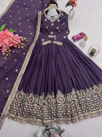 Thumbnail for Lorenvalley Fashion Wine Diamond Silk with Embroidery Threads & Sequins Work Anarkali Gown with Dupatta - Distacart