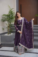 Thumbnail for Lorenvalley Fashion Wine Diamond Silk with Embroidery Threads & Sequins Work Anarkali Gown with Dupatta - Distacart