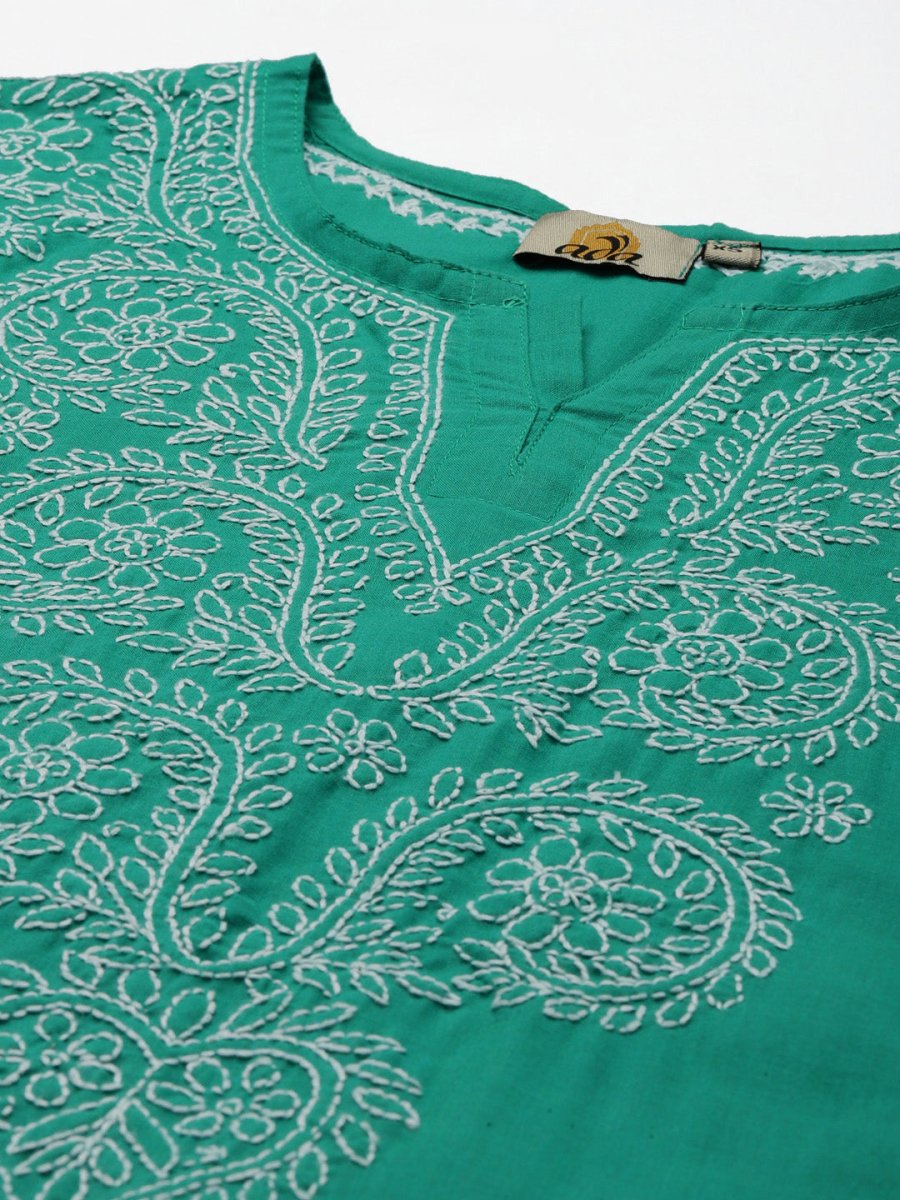 ADA Women Green & White Ethnic Motifs Hand Embroidered Chikankari Handloom Kurta - Distacart