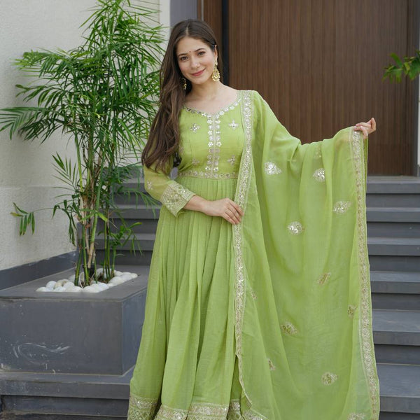 Lorenvalley Fashion Parrot Green Crunchy Silk with Embroidery Codding & Sequins Work Anarkali Gown with Dupatta - Distacart