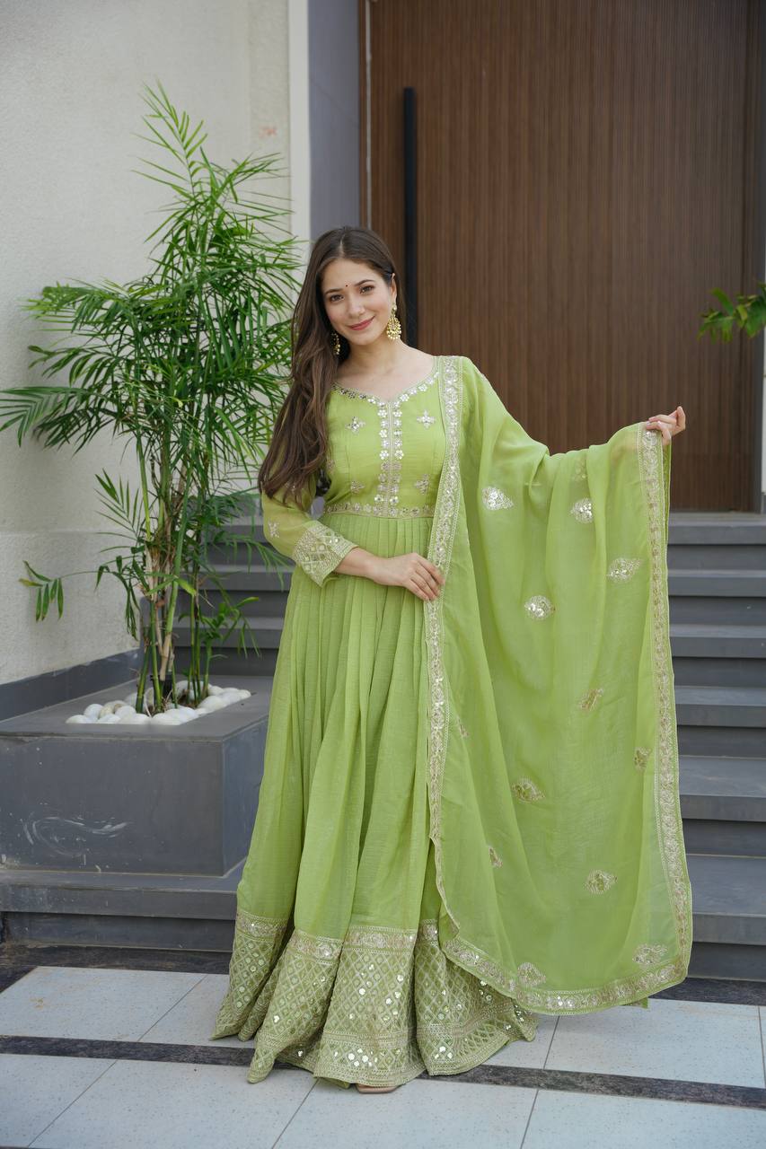 Lorenvalley Fashion Parrot Green Crunchy Silk with Embroidery Codding & Sequins Work Anarkali Gown with Dupatta - Distacart