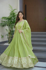 Thumbnail for Lorenvalley Fashion Parrot Green Crunchy Silk with Embroidery Codding & Sequins Work Anarkali Gown with Dupatta - Distacart