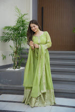Thumbnail for Lorenvalley Fashion Parrot Green Crunchy Silk with Embroidery Codding & Sequins Work Anarkali Gown with Dupatta - Distacart