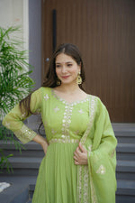 Thumbnail for Lorenvalley Fashion Parrot Green Crunchy Silk with Embroidery Codding & Sequins Work Anarkali Gown with Dupatta - Distacart