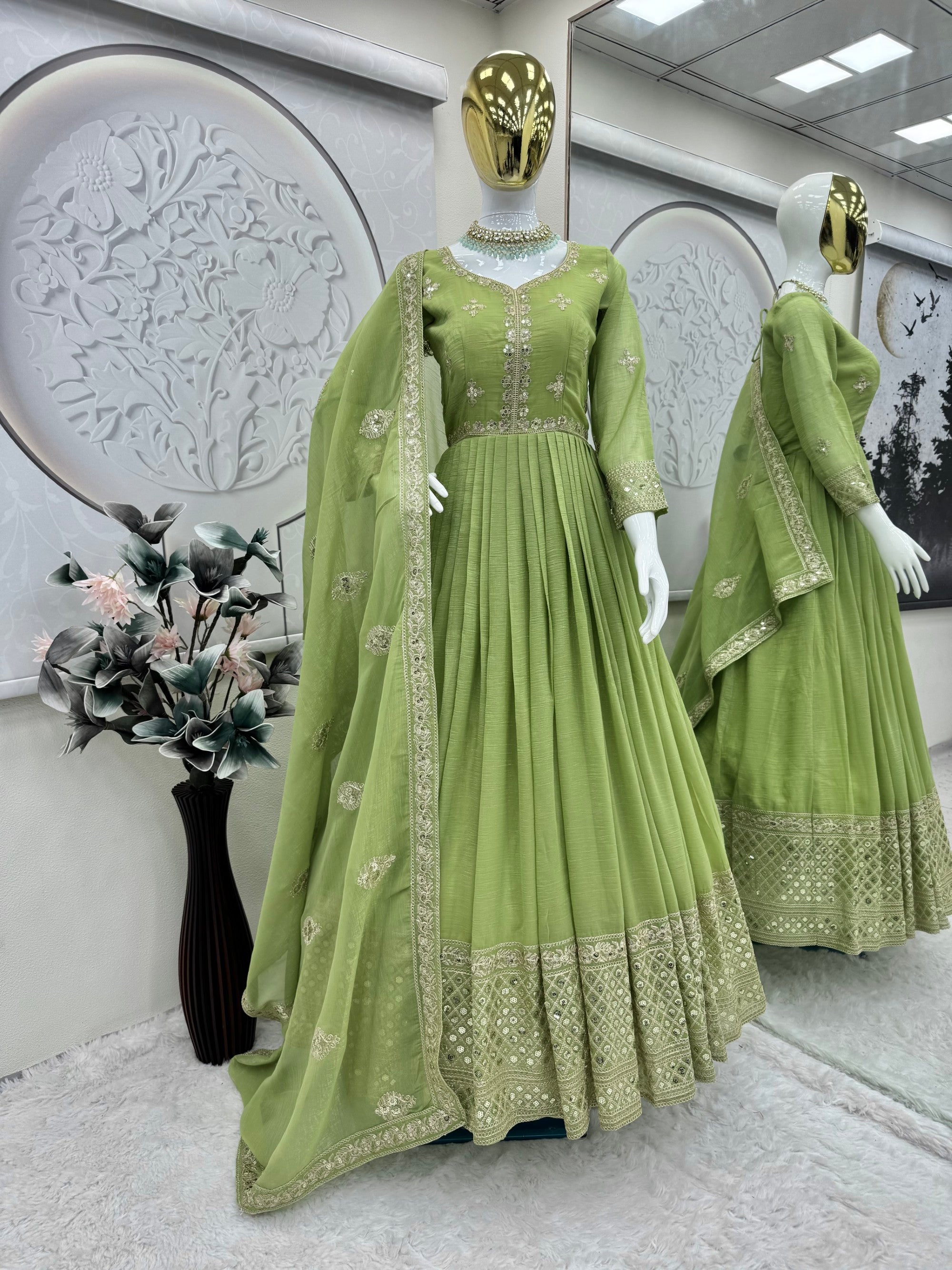 Lorenvalley Fashion Parrot Green Crunchy Silk with Embroidery Codding & Sequins Work Anarkali Gown with Dupatta - M Lorenvalley Fashion Parrot Green Crunchy Silk with Embroidery Codding & Sequins Work Anarkali Gown with Dupatta - M