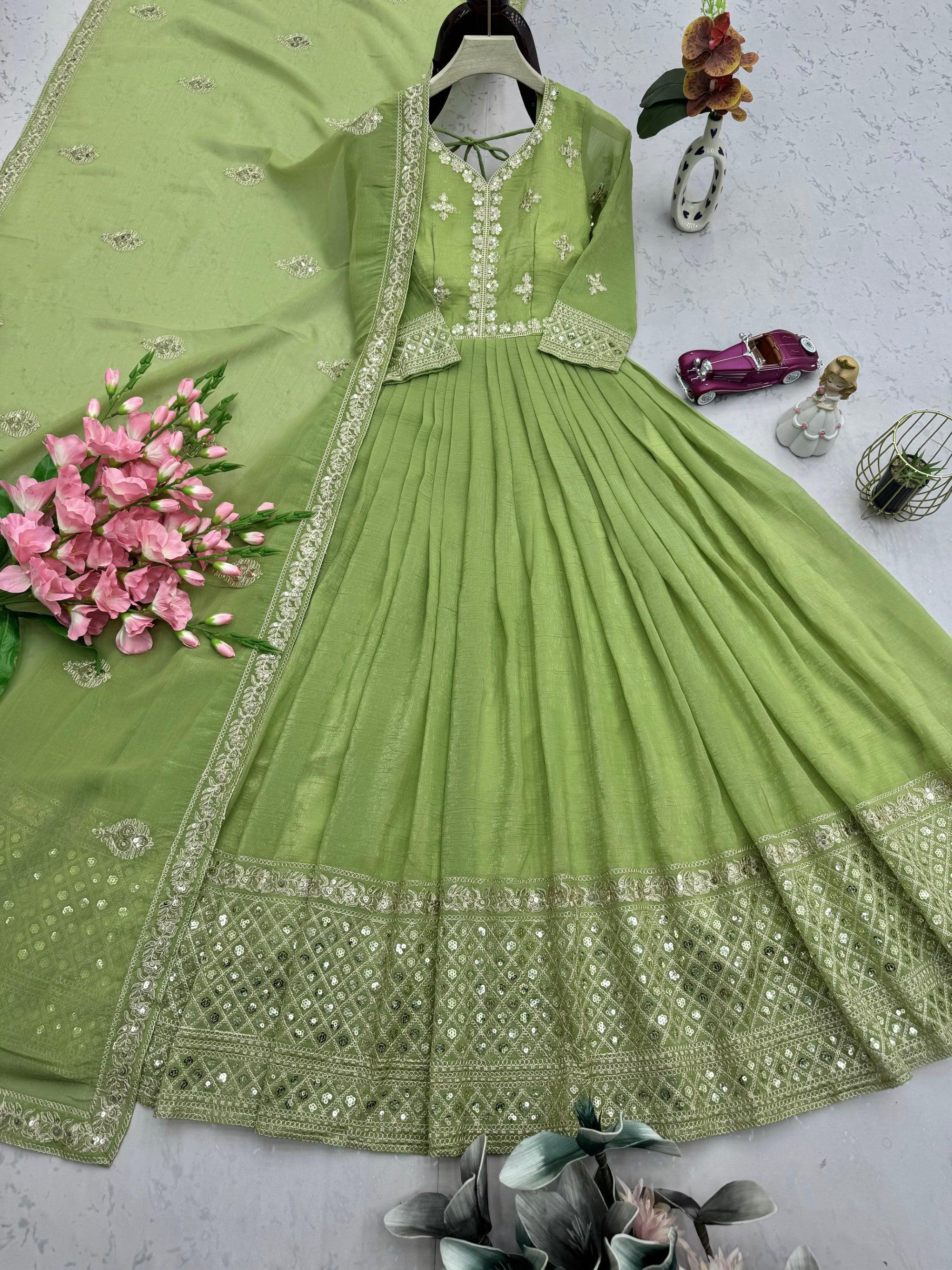 Lorenvalley Fashion Parrot Green Crunchy Silk with Embroidery Codding & Sequins Work Anarkali Gown with Dupatta - M Lorenvalley Fashion Parrot Green Crunchy Silk with Embroidery Codding & Sequins Work Anarkali Gown with Dupatta - M