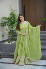 Thumbnail for Lorenvalley Fashion Parrot Green Crunchy Silk with Embroidery Codding & Sequins Work Anarkali Gown with Dupatta - Distacart