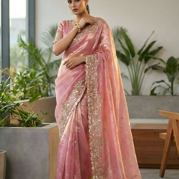 Joban Fashion Pink Fandy Satin Silk Party Wear Sarees - Distacart