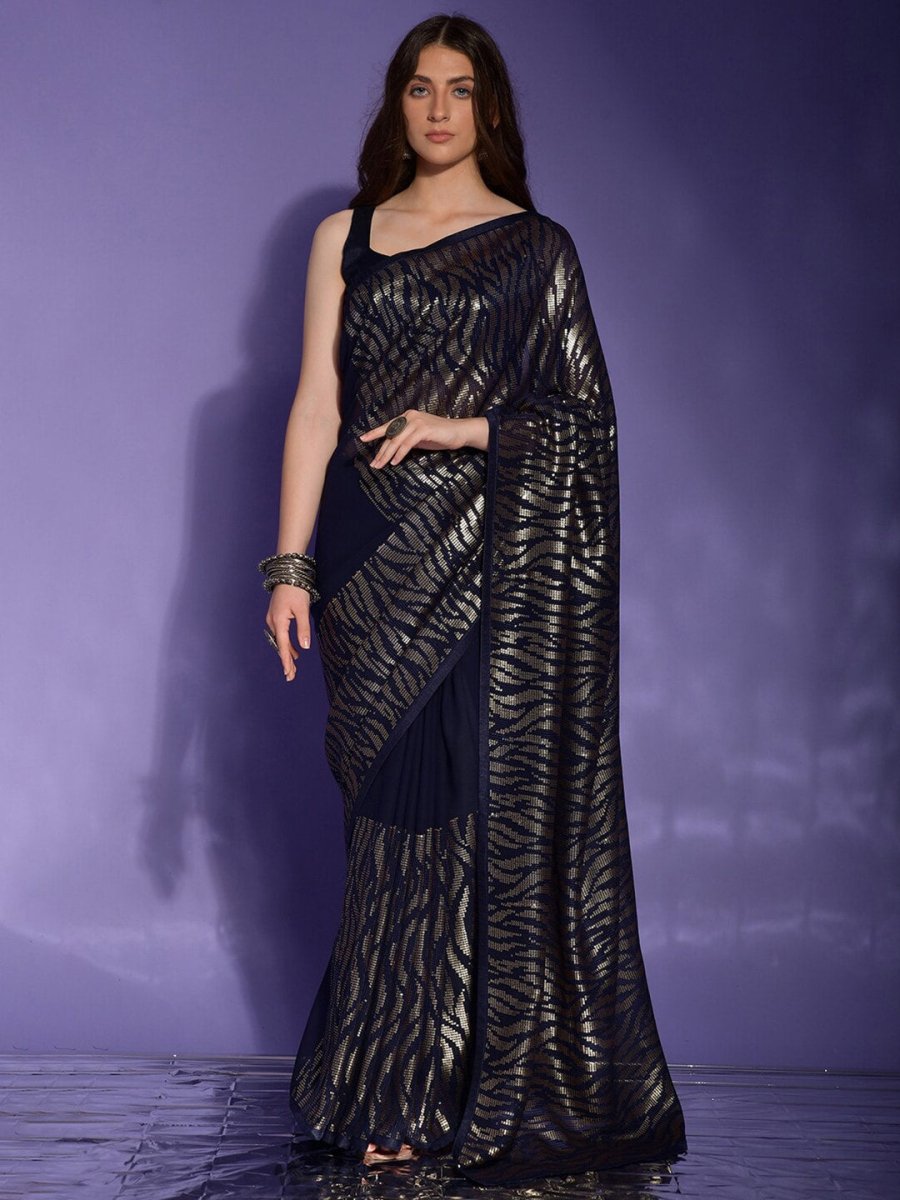 Anouk Navy Blue & Silver-Toned Embellished Sequinned Pure Georgette Saree - Distacart
