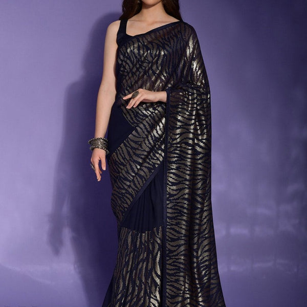 Anouk Navy Blue & Silver-Toned Embellished Sequinned Pure Georgette Saree - Distacart