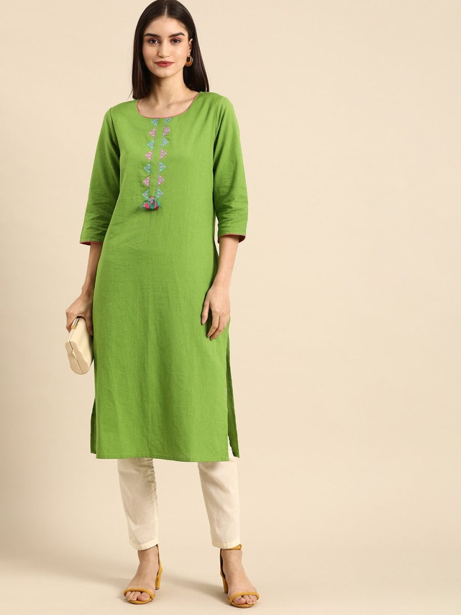 All About You Women Green & Pink Ethnic Motifs Yoke Design Thread Work Pure Cotton Kurta - Distacart