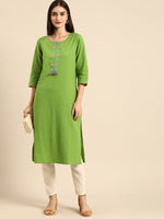 Thumbnail for All About You Women Green & Pink Ethnic Motifs Yoke Design Thread Work Pure Cotton Kurta - Distacart