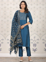 Thumbnail for Ode by House of Pataudi Ethnic Motifs Woven Design Straight Kurta With Trousers & Dupatta - Distacart