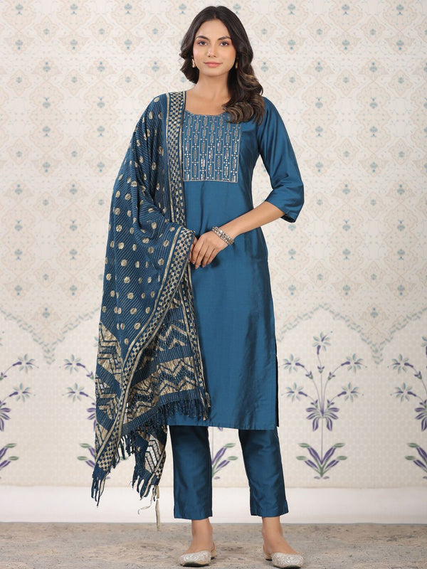Ode by House of Pataudi Ethnic Motifs Woven Design Straight Kurta With Trousers & Dupatta - Distacart