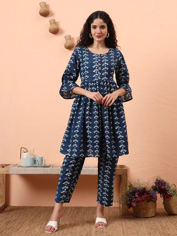 Yufta Blue Cotton Maternity Kurta Pant Set