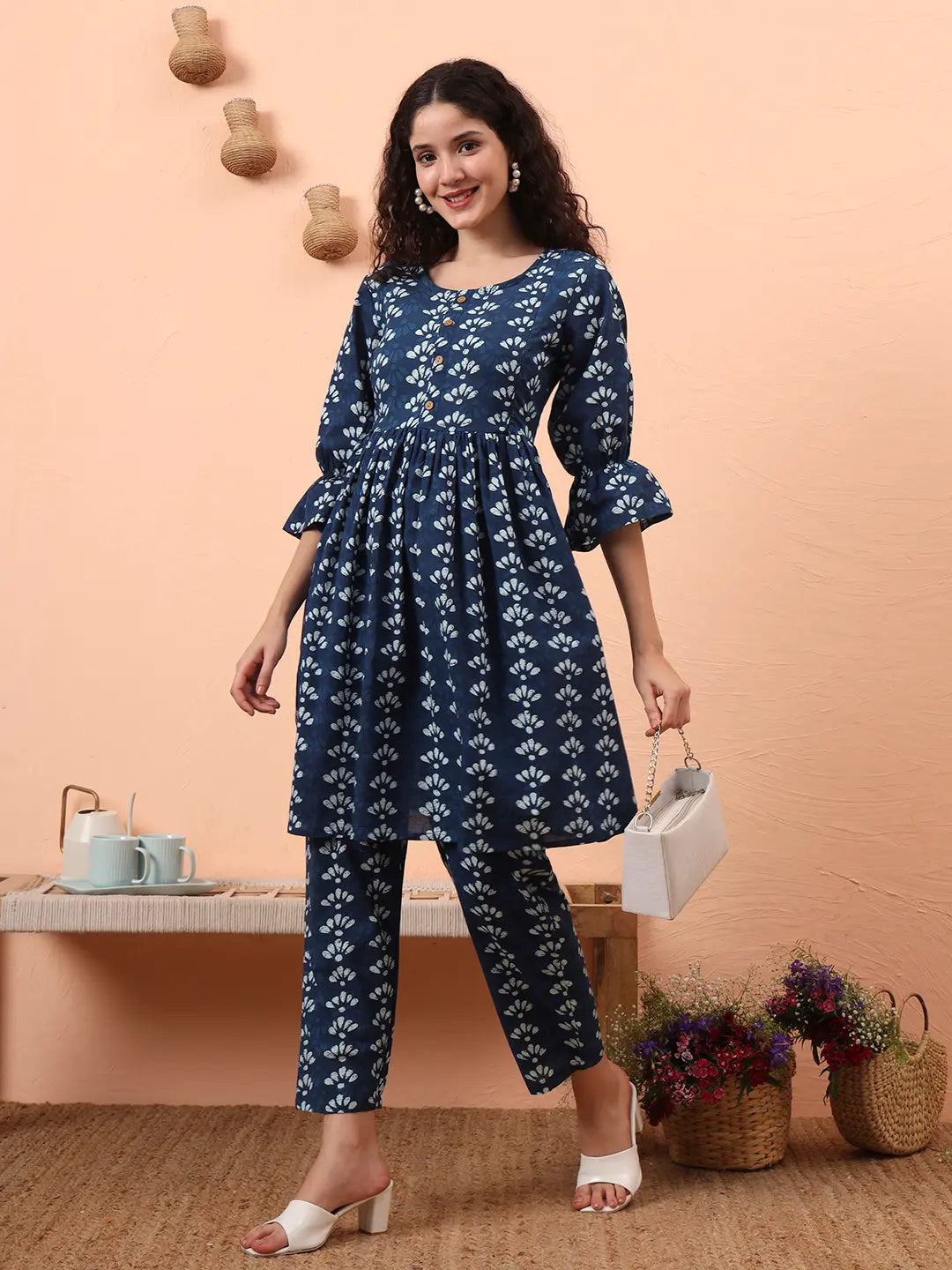 Yufta Blue Cotton Maternity Kurta Pant Set - Distacart