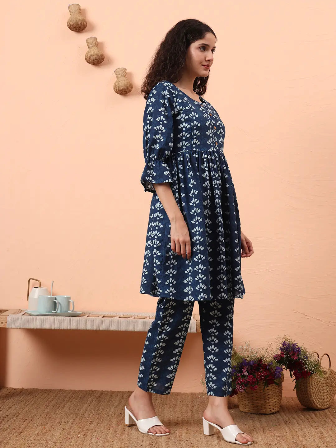 Yufta Blue Cotton Maternity Kurta Pant Set