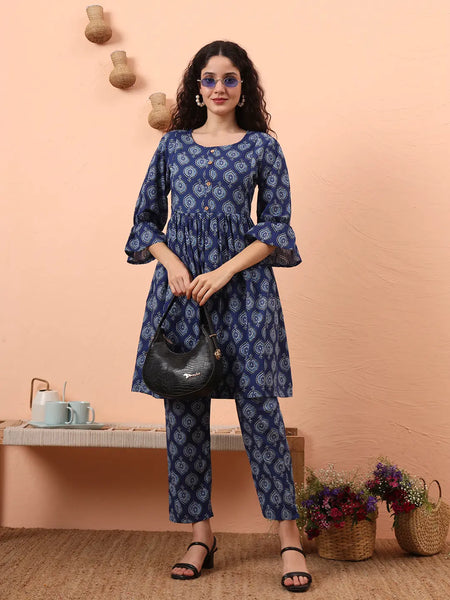 Yufta Blue Cotton Maternity A-Line Kurta Pant Set