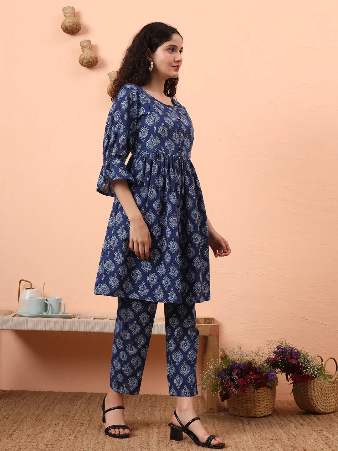 Yufta Blue Cotton Maternity A-Line Kurta Pant Set - Distacart