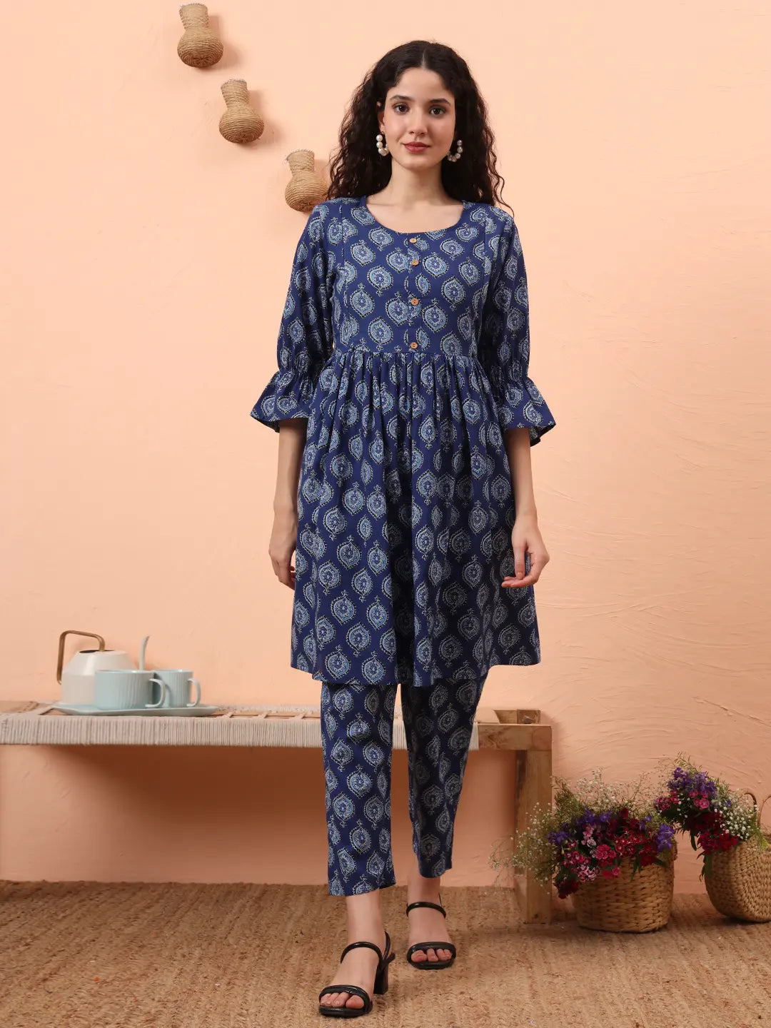 Yufta Blue Cotton Maternity A-Line Kurta Pant Set