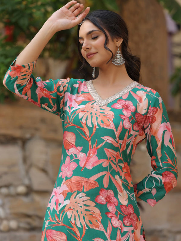 Kalini Floral Printed V-Neck Straight Kurta With Palazzos - Distacart